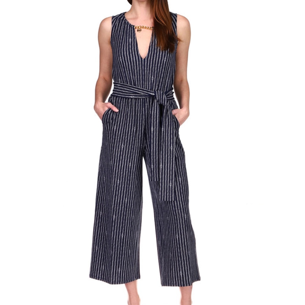 Michael Kors Navy & White Striped Sleeveless Tie-Waist Jumpsuit